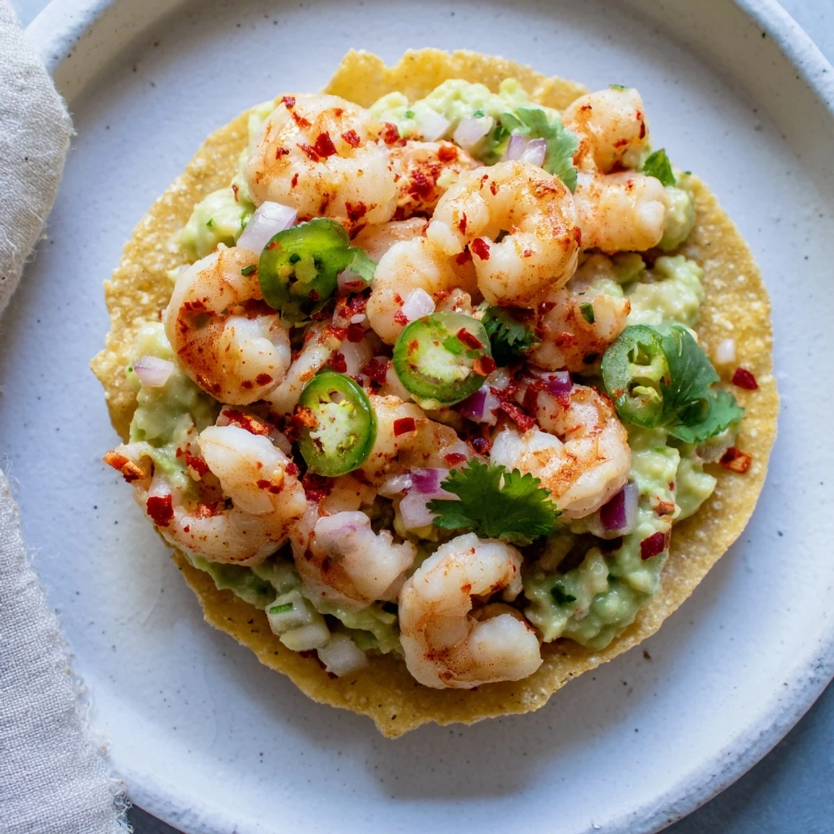 Quick Shrimp and Avocado Tostadas piled high with vibrant shrimp, creamy avocado, and fresh cilantro.