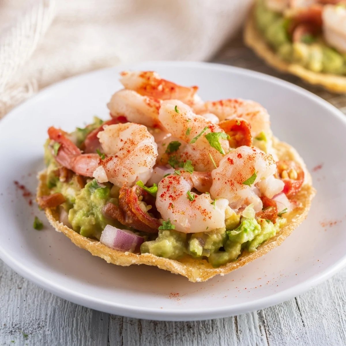 Crispy corn tostadas supporting a delightful heap of Quick Shrimp and Avocado Tostadas, ready to enjoy alongside a lime wedge.