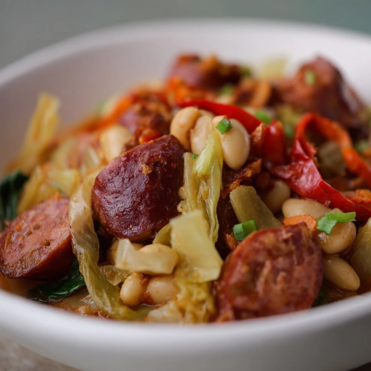 Smoky sausage simmers in the one-pot stew with vegetables; imagine the savory aroma filling the kitchen.