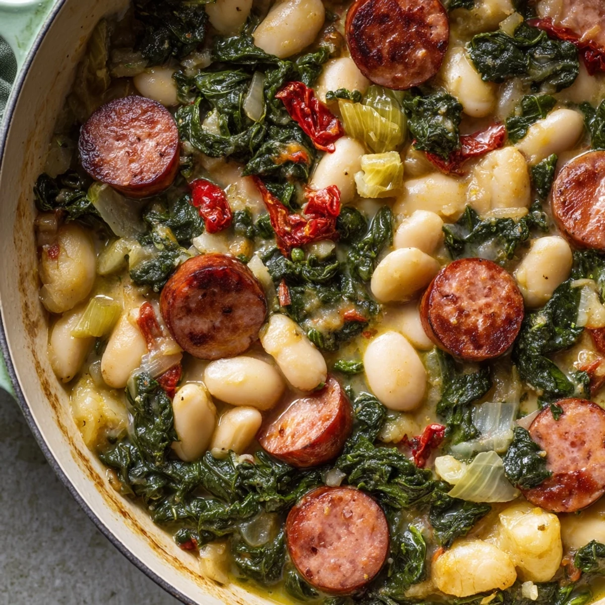 See the hearty one-pot sausage and white bean stew: a delicious blend of textures and inviting flavors.