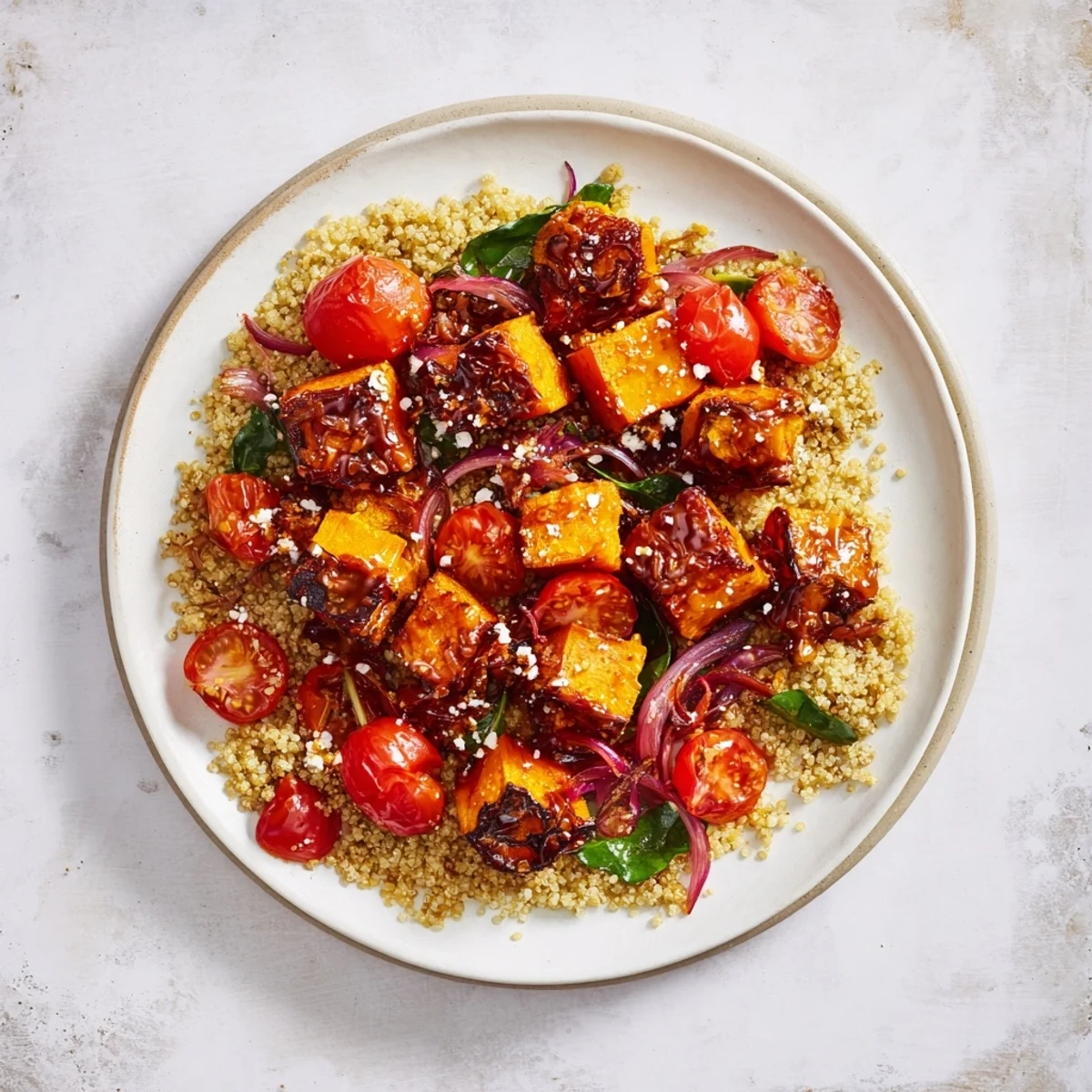 Golden Honey-Roasted Butternut Squash Bowl, featuring glistening, caramelized squash atop quinoa and fresh vegetables.