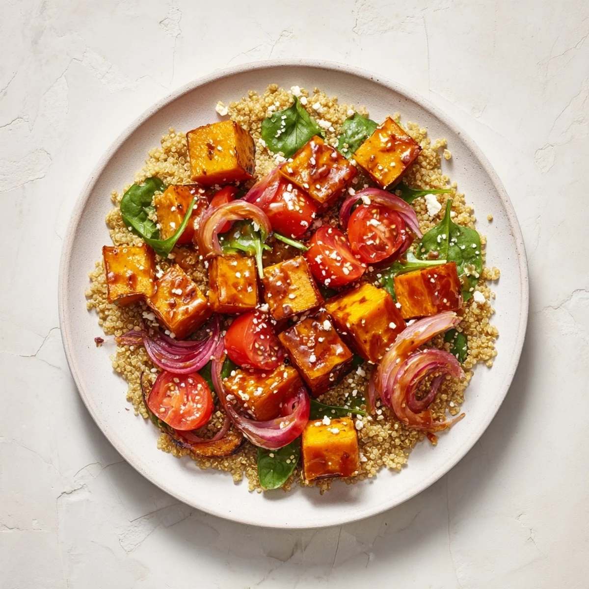 A tempting overhead view of a Golden Honey-Roasted Butternut Squash Bowl, drizzled with honey-lime.