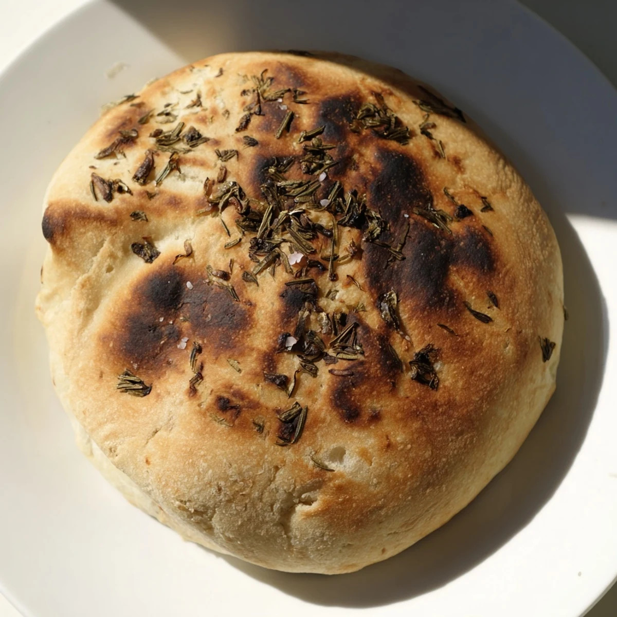 A close-up of Quick Homemade Flatbread showing the sea salt and rosemary just after cooking.