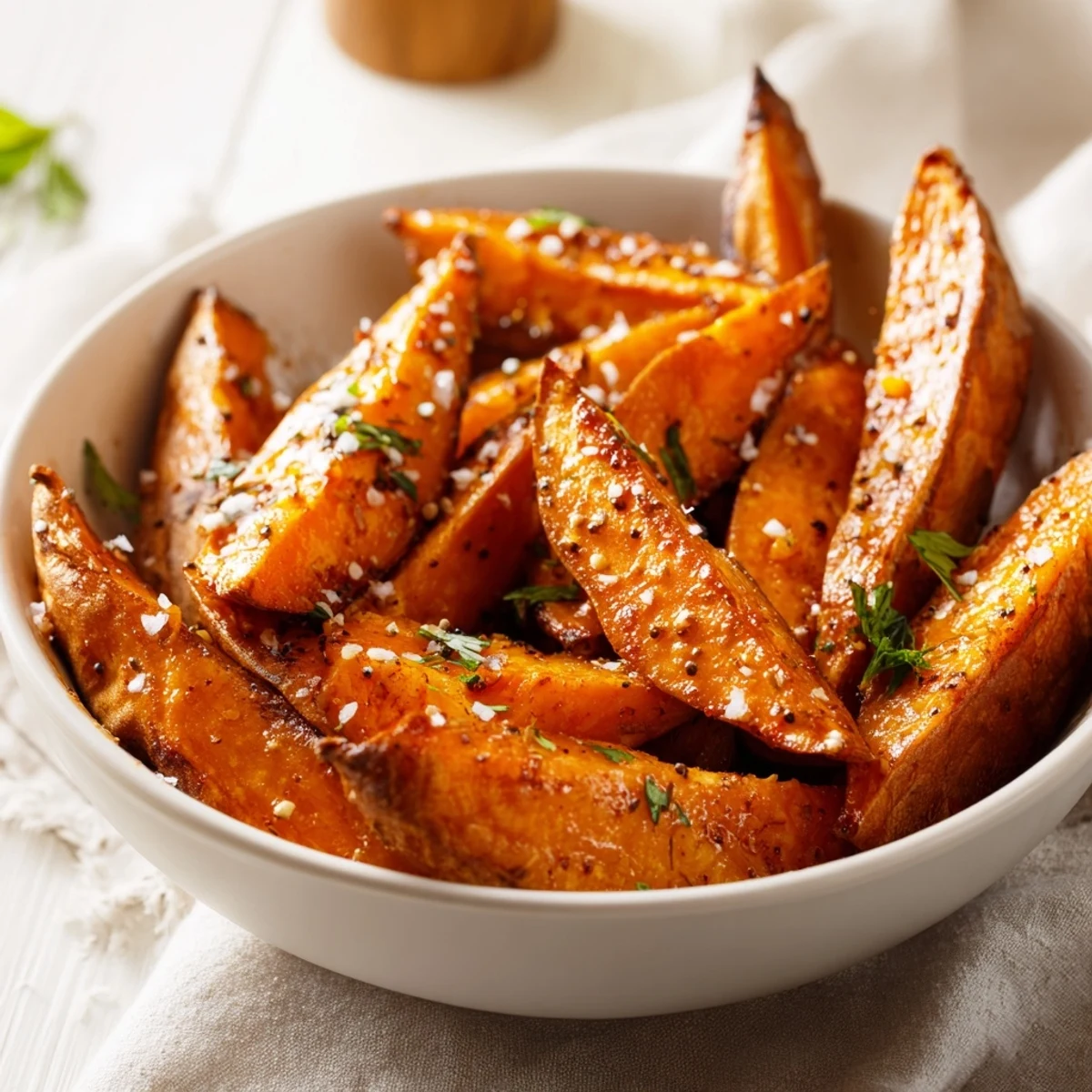 Golden and crispy, these oven-baked sweet potato wedges are seasoned to perfection and ready to enjoy.
