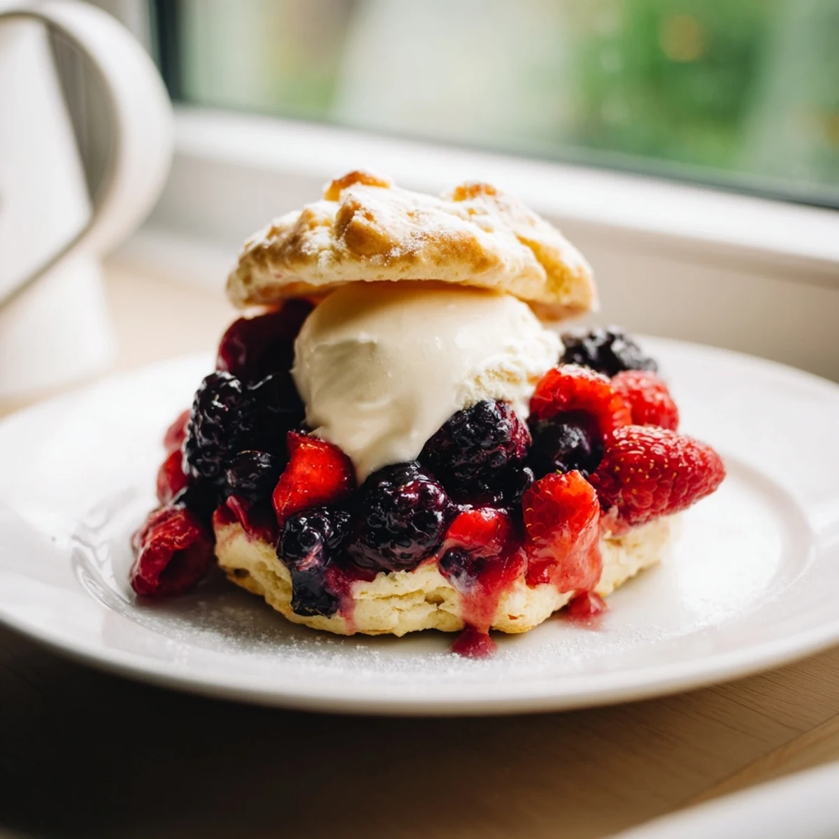 Rustic Summer Berry Cobbler bubbling with sweet juices and topped with golden biscuits.