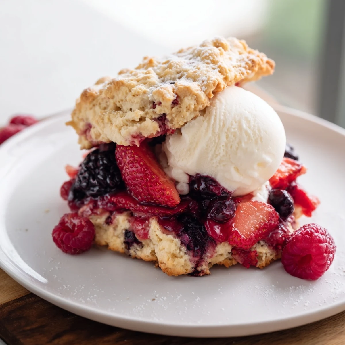 A close-up of a delicious Rustic Summer Berry Cobbler with a scoop of creamy vanilla.