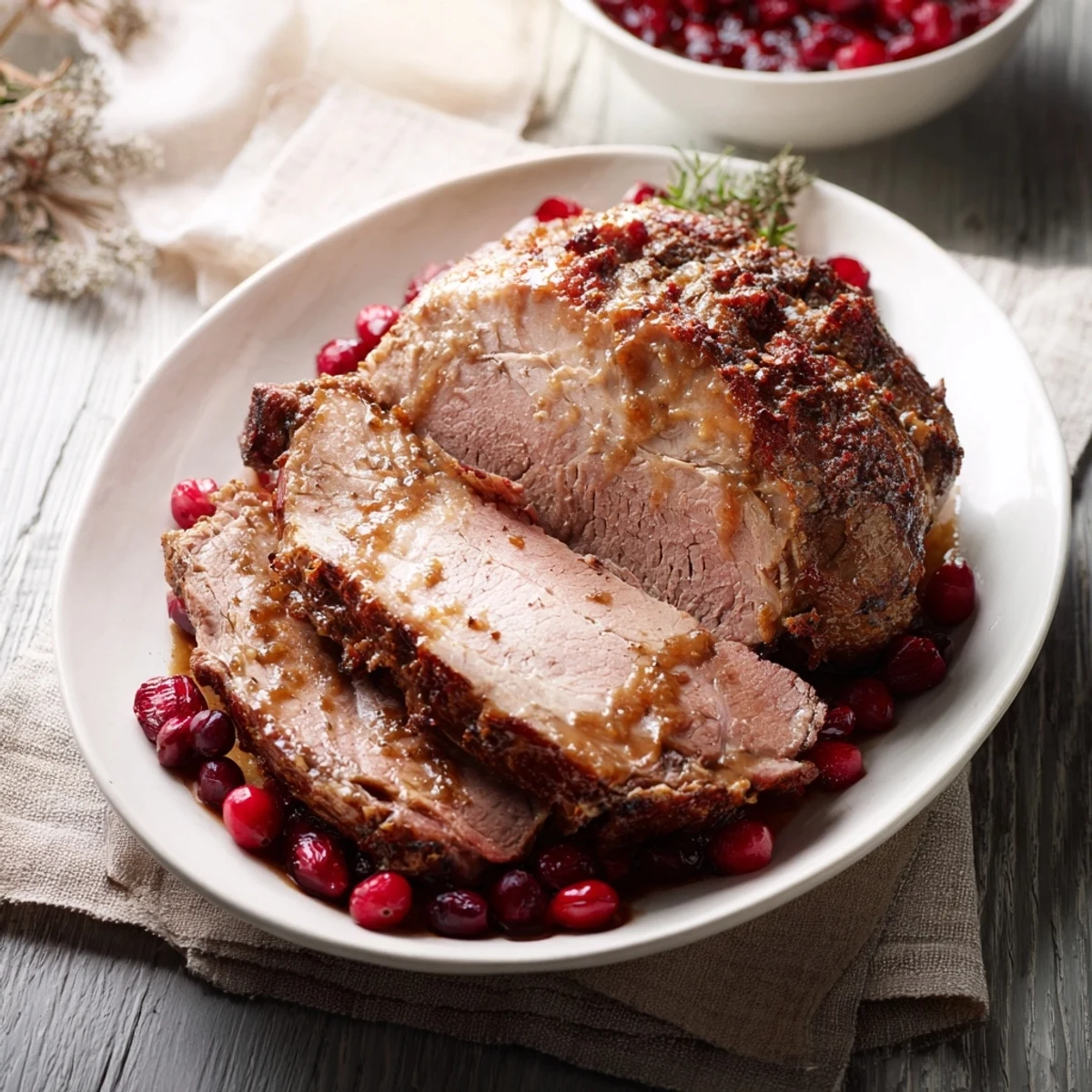 Juicy Slow-Cooked Honey Glazed Ham glistening with a sweet, spiced glaze, perfect for a holiday meal.