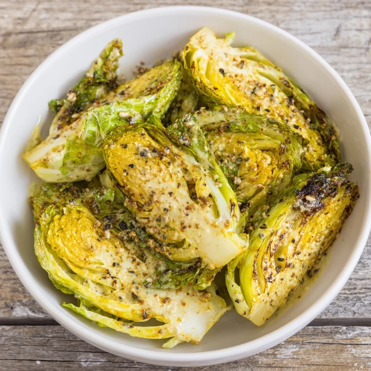 Golden roasted cauliflower steaks drizzled with creamy tahini sauce, ready for a delicious vegetarian meal.