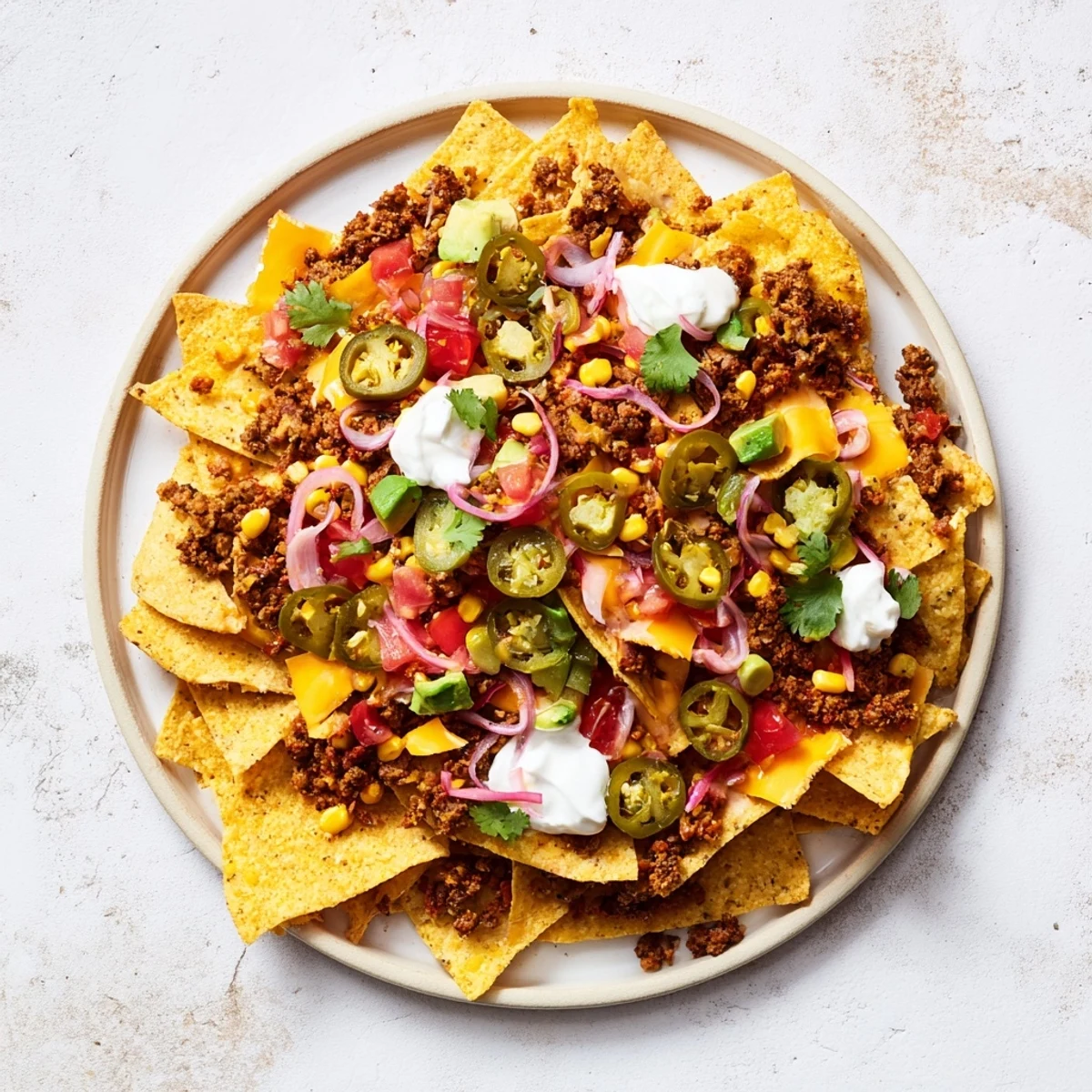 Crispy tortilla chips piled high with savory beef, perfectly topped with melted cheese in these nachos.