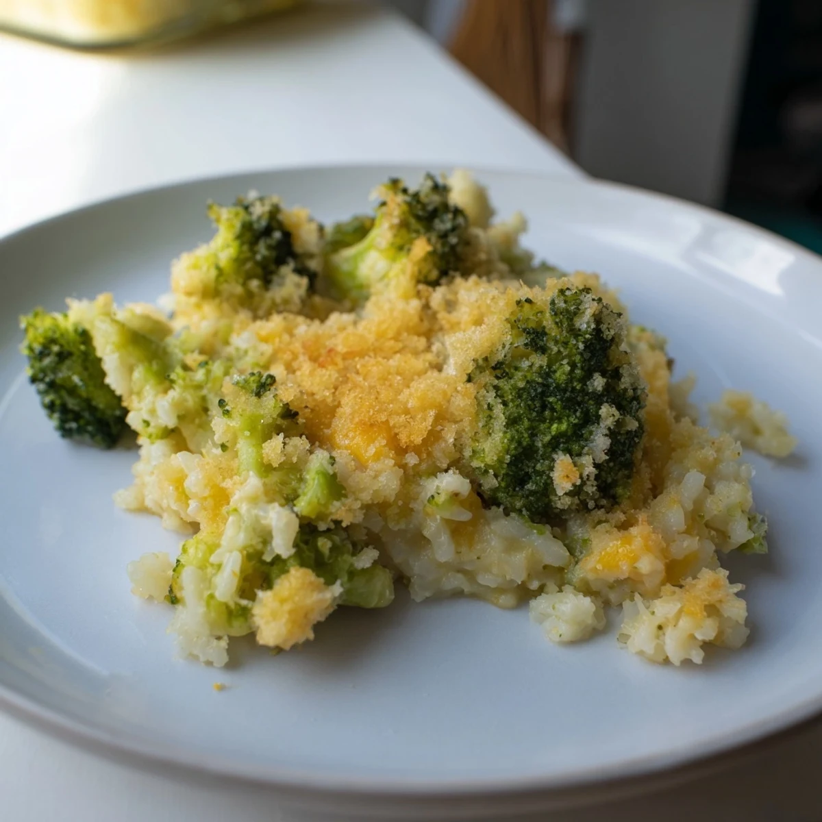 Golden-brown, bubbly Cheesy Broccoli and Rice All-in-One Bake, ready to be served hot and delicious.