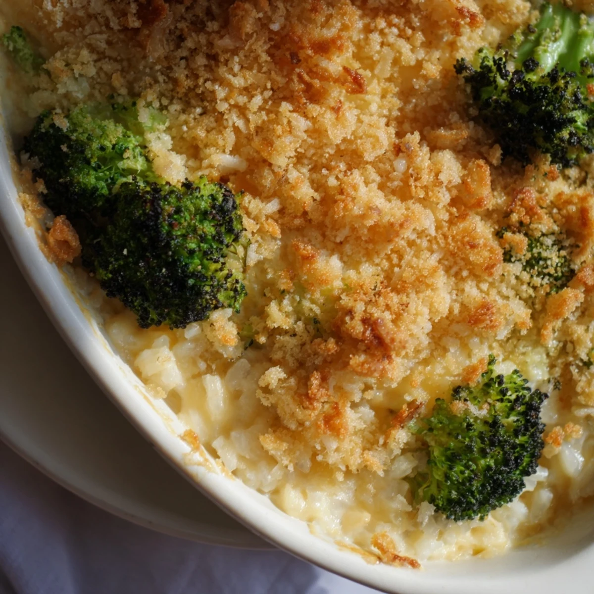 A close-up of a steaming bowl of Cheesy Broccoli and Rice All-in-One Bake, perfect for a cozy dinner.
