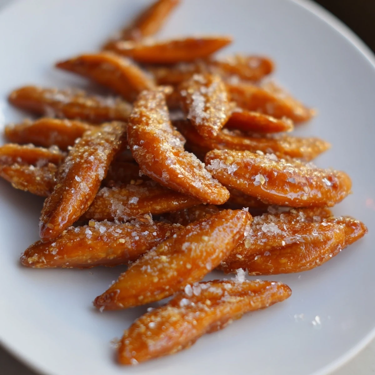 A close-up of crunchy sweet and salty honey toasted cashews sprinkled with flaky sea salt, a delicious treat.