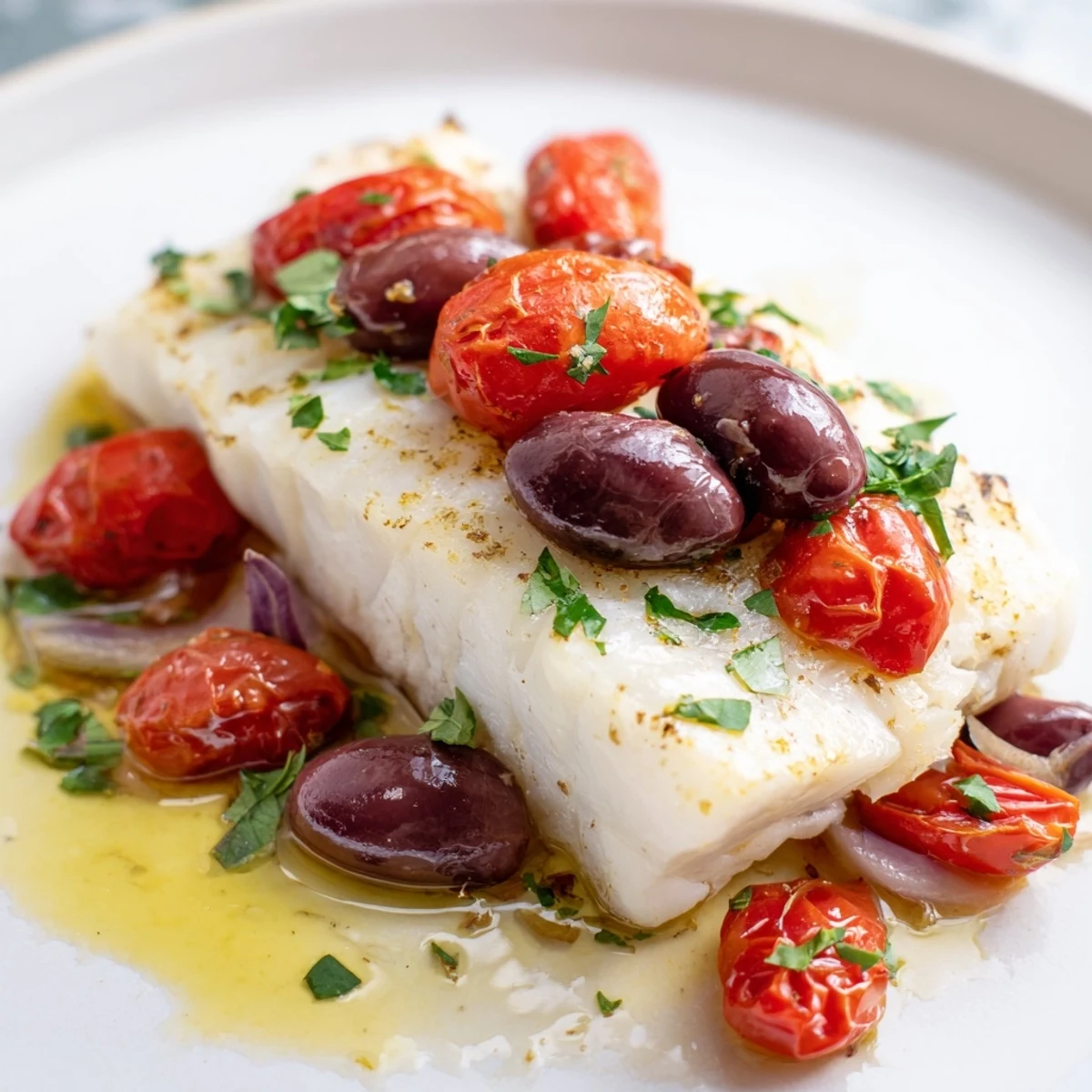 One-tray baked cod with juicy cherry tomatoes and olives sizzling on a baking sheet, ready to serve.
