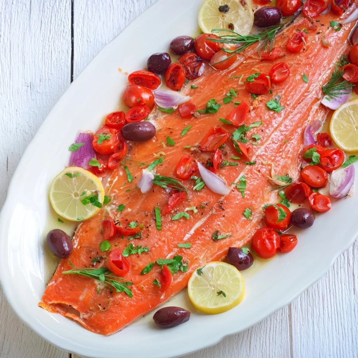 Mediterranean flavor explodes with this one-tray baked cod, brimming with colorful vegetables and herbs.