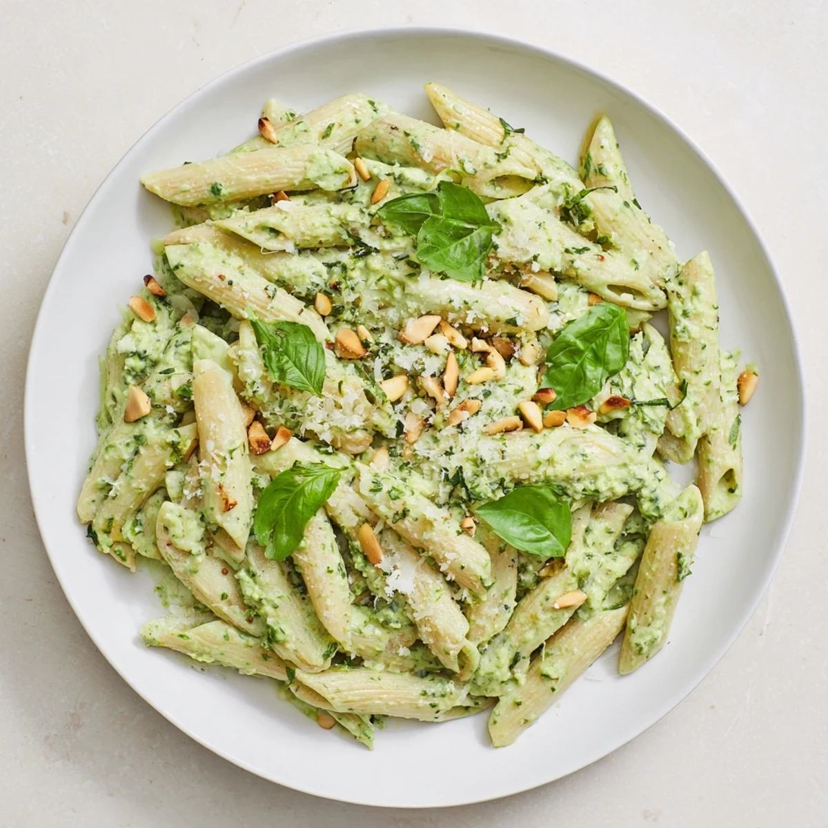 Tender penne pasta tossed in a vibrant, creamy pesto sauce, topped with fresh basil and Parmesan.