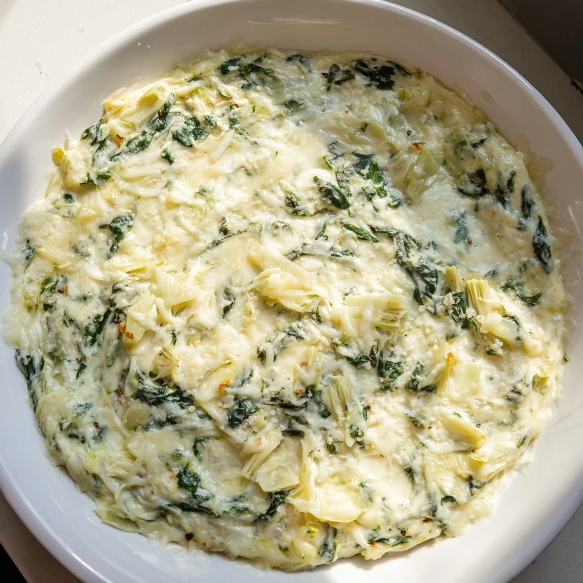 Steaming hot Cheesy Spinach Artichoke Dip, bubbling in a baking dish, ready to be scooped.