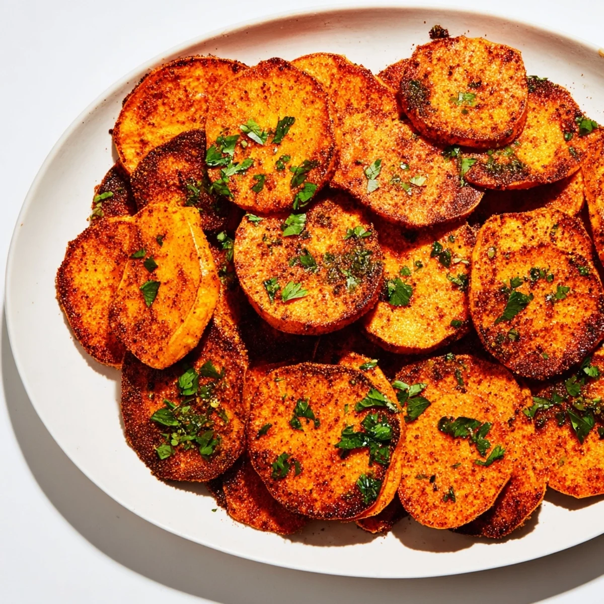 Vibrant image of oven-roasted Cajun Sweet Potatoes glistening, ready to serve with parsley.
