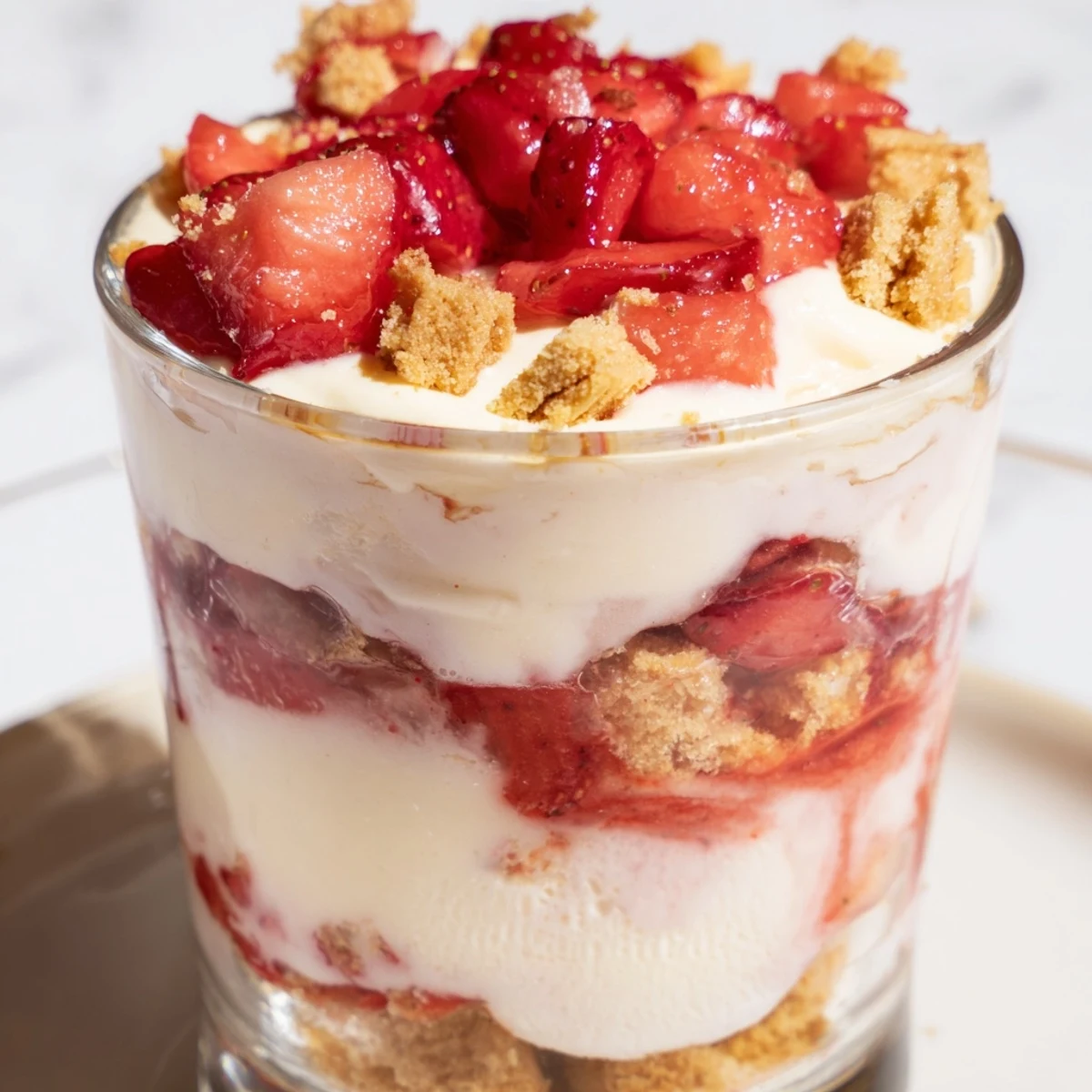 Strawberry Cheesecake Parfait: layered cups showcasing the creamy cheesecake, juicy strawberries, and crumbs.