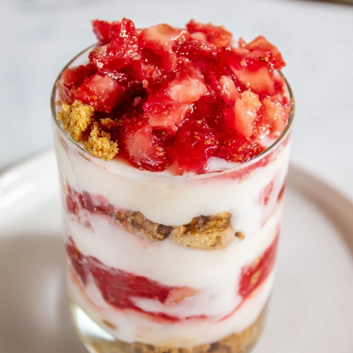 Enjoy a close-up of this delicious Strawberry Cheesecake Parfait, a quick and easy no-bake dessert.