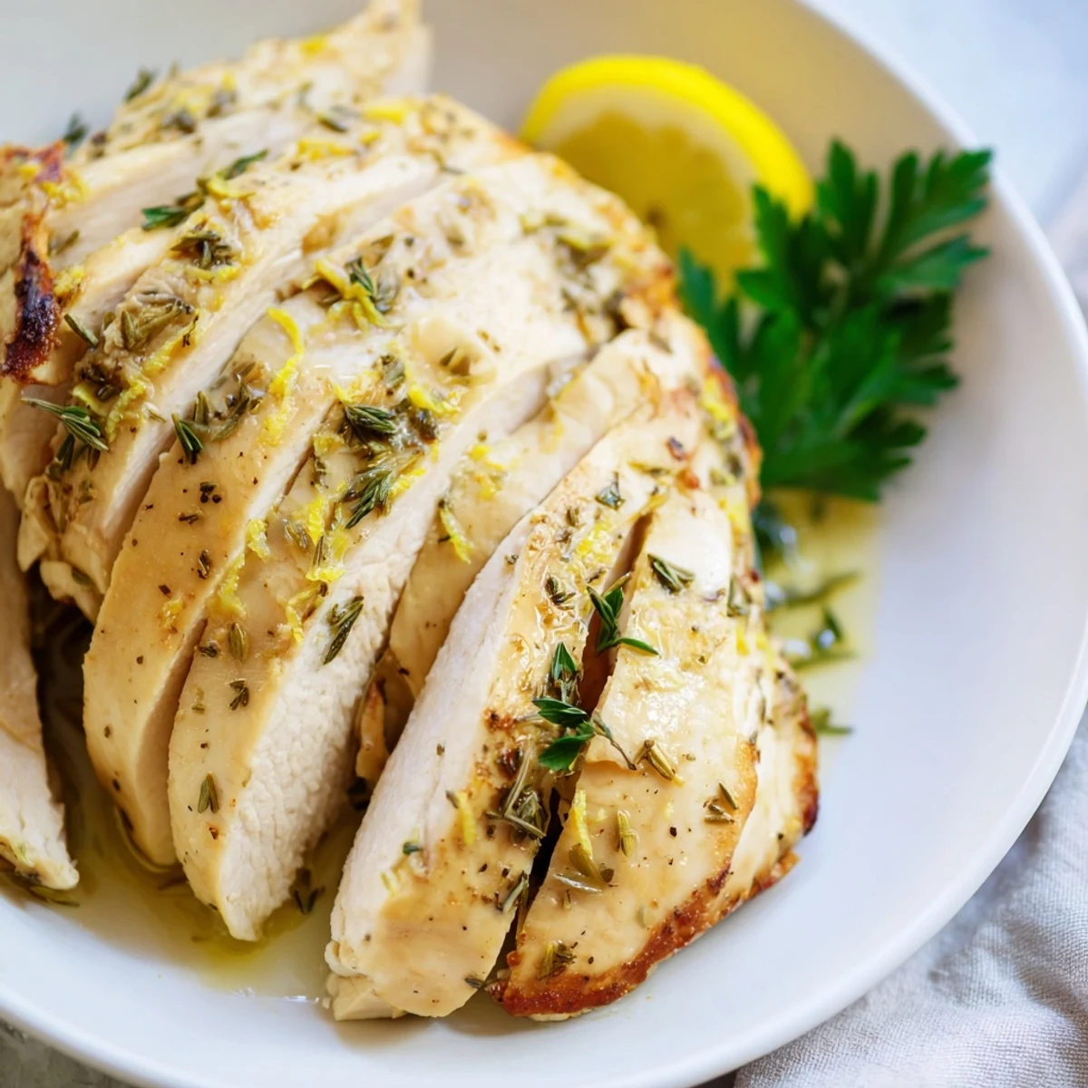 Golden, baked Greek Lemon Herb Chicken with vibrant herbs, ready to serve with lemon wedges.
