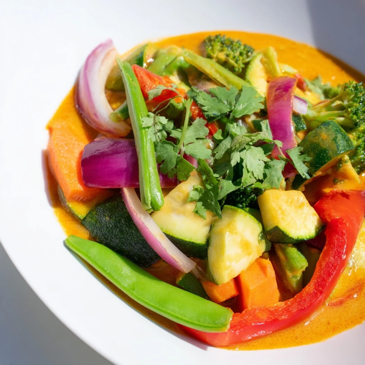 Steaming bowl of Coconut Curry Vegetables, featuring bright veggies and creamy coconut milk.