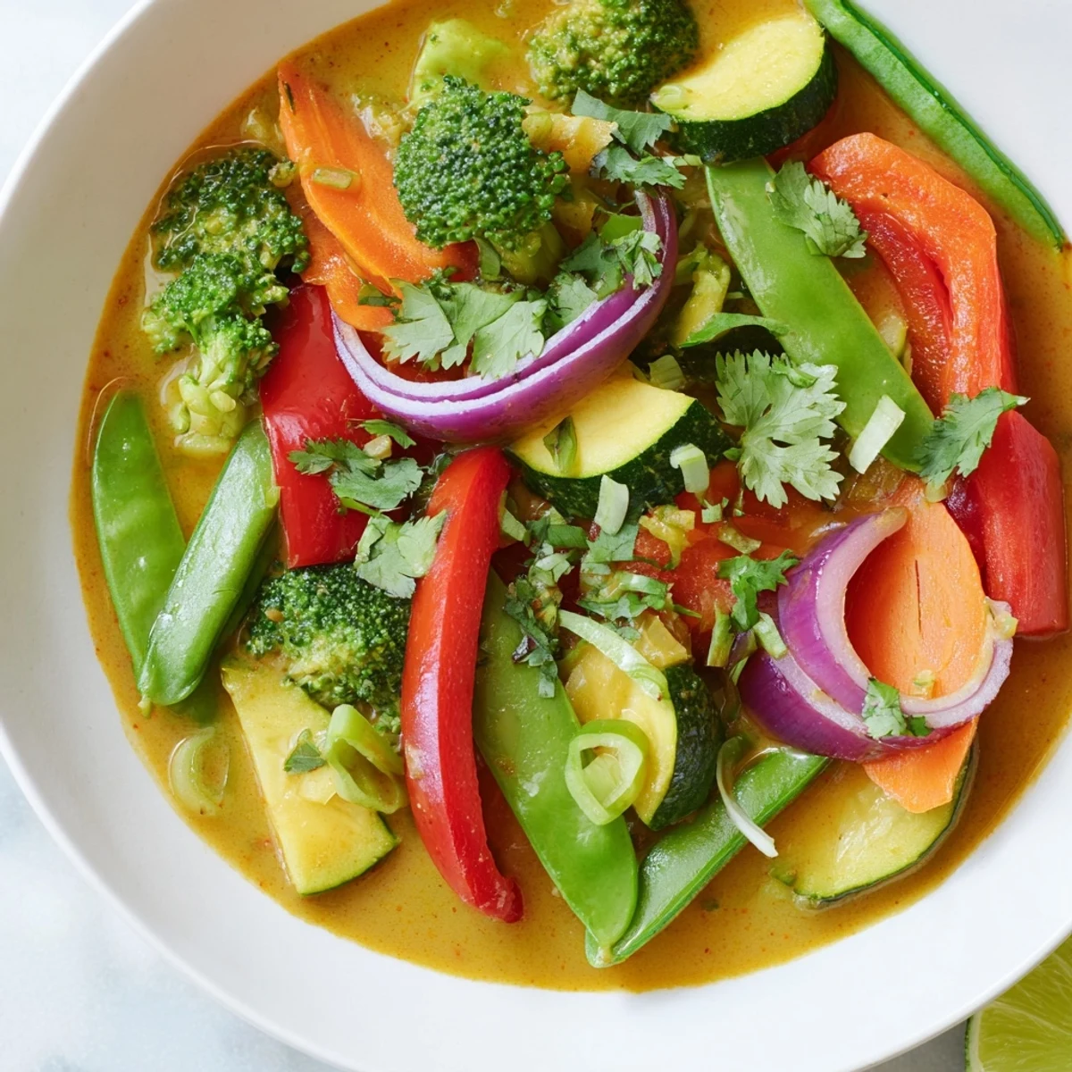Close-up of a colorful plate of Coconut Curry Vegetables, perfect for a cozy, vegan dinner.