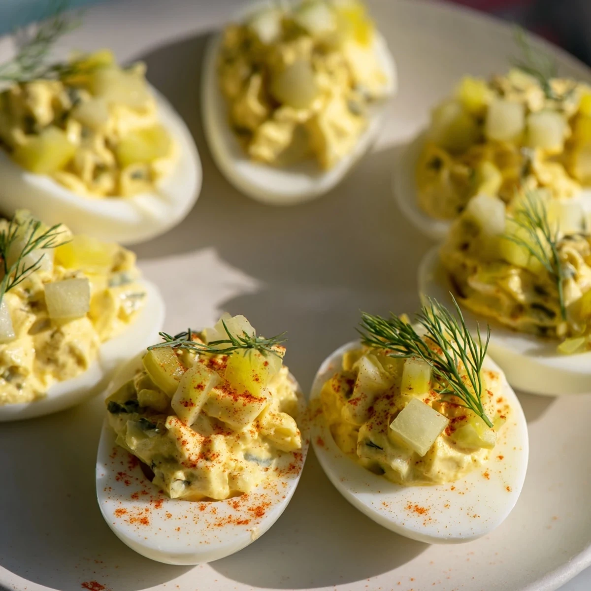 A close-up shot of creamy Dill Pickle Deviled Eggs, garnished with fresh dill sprigs.