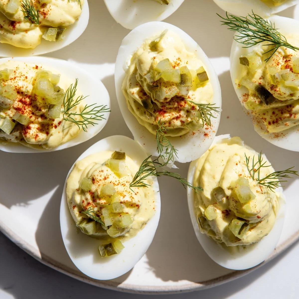 Tangy Dill Pickle Deviled Eggs, perfectly arranged and ready to be served at your next gathering.