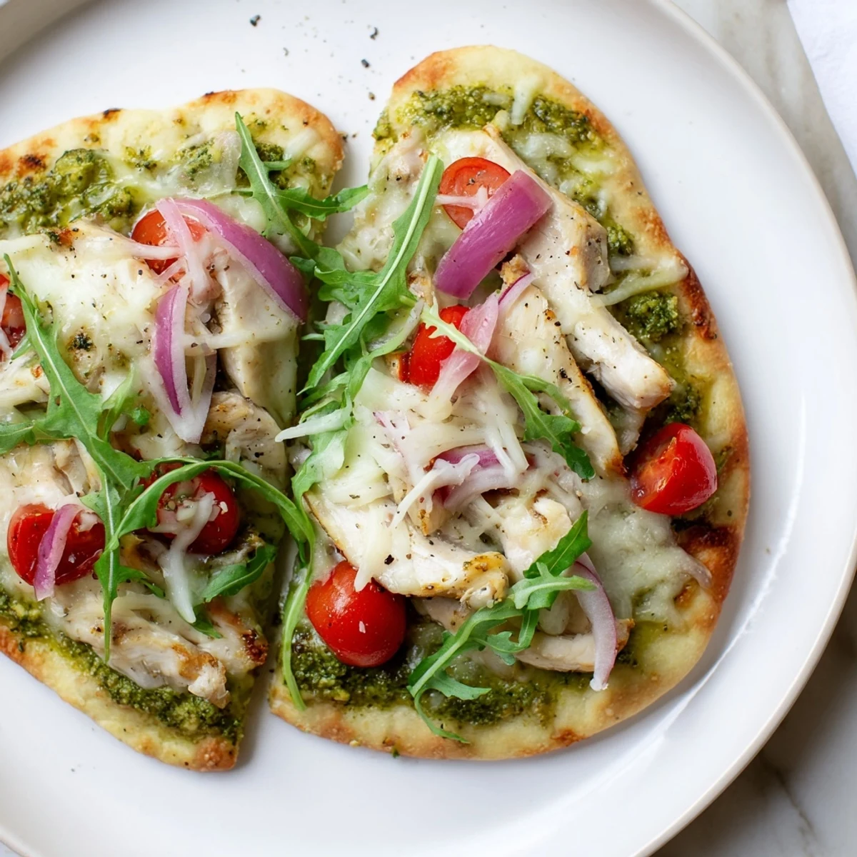 Enjoy the vibrant colors and savory aroma of this homemade pesto chicken flatbread recipe today!