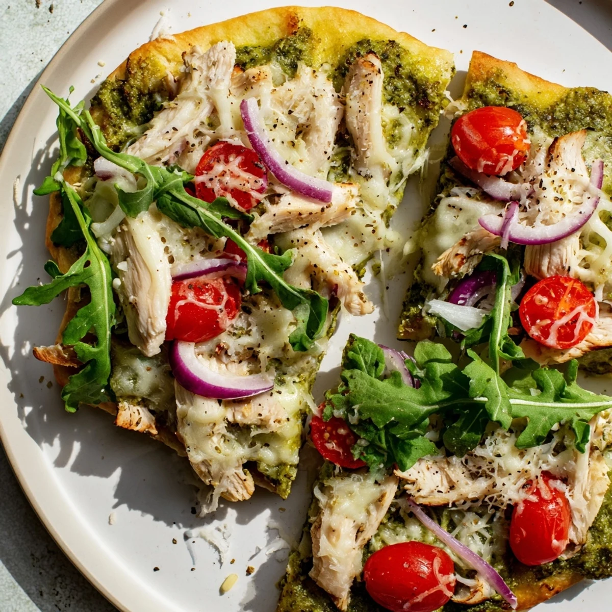 Tender chicken and flavorful pesto topping crispy flatbread—a delicious Italian meal, Pesto Chicken Flatbread.