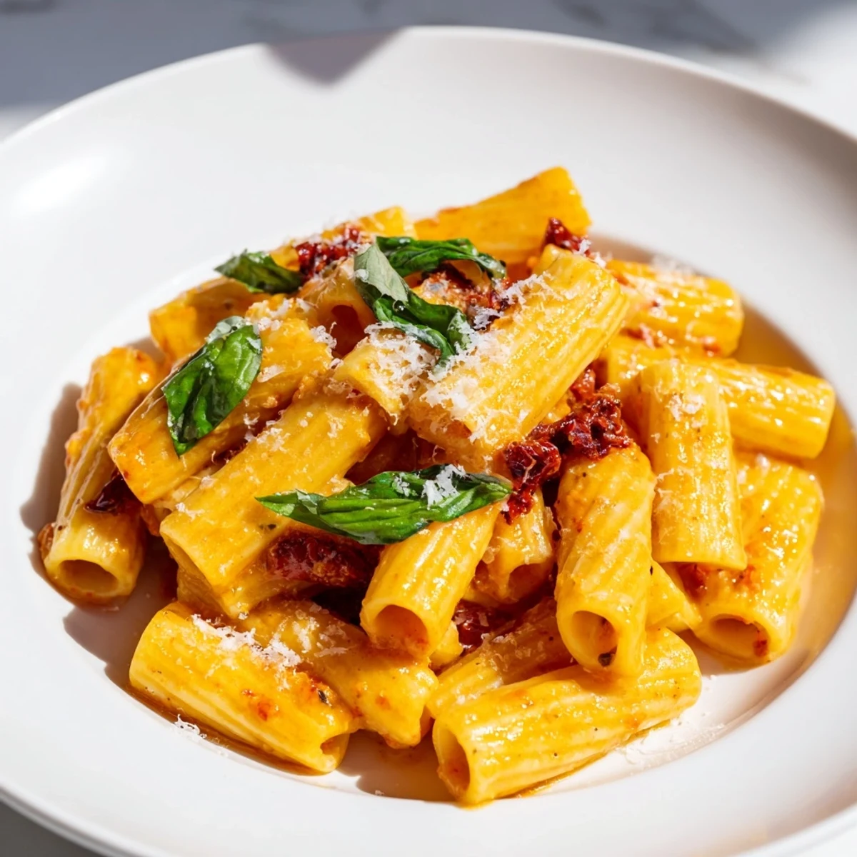 Creamy Sun-Dried Tomato Pasta: A vibrant plate of pasta with rich, crimson sauce and fresh basil.