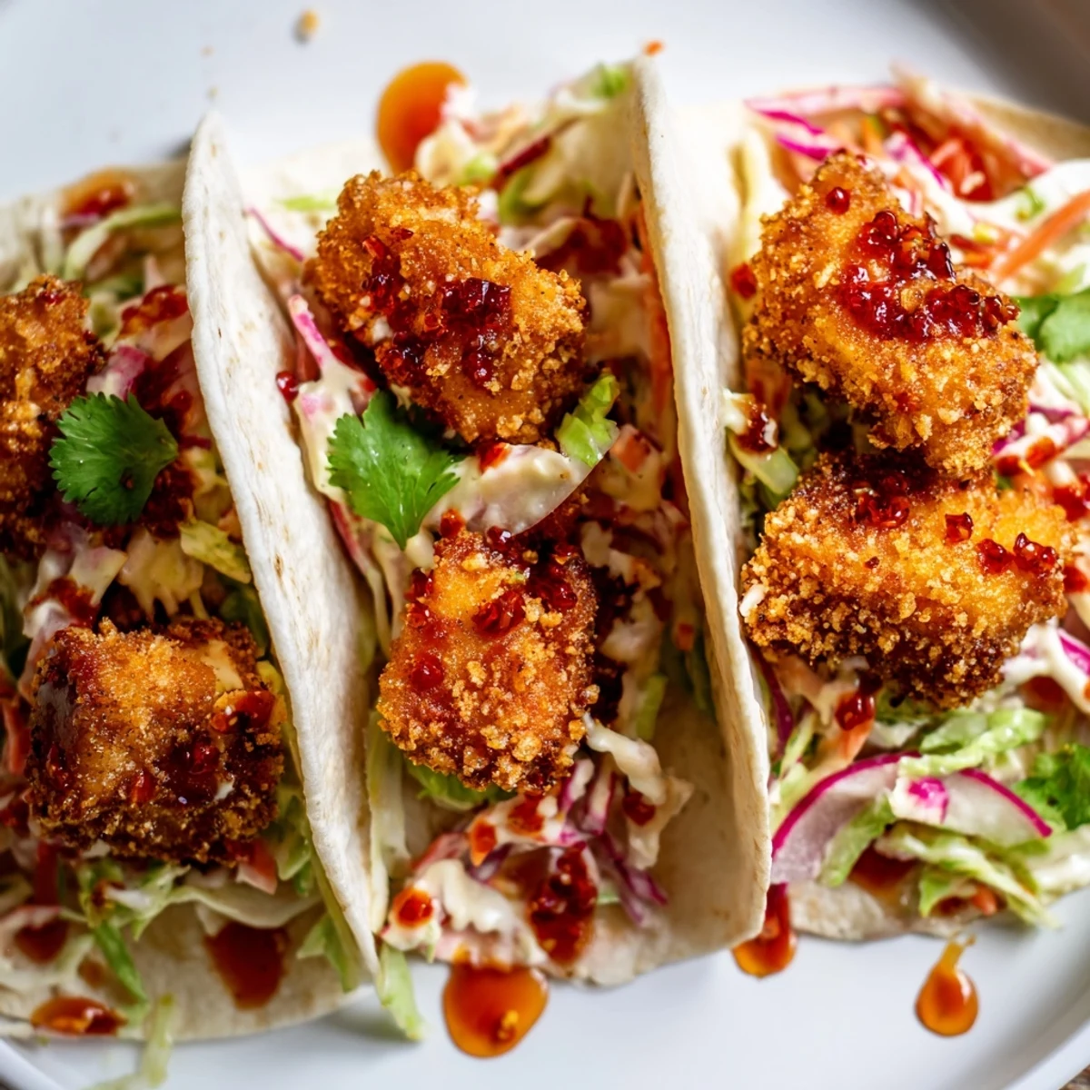 Golden-fried Hot Honey Chicken Tacos with a drizzle of sweet and spicy honey, ready to eat.