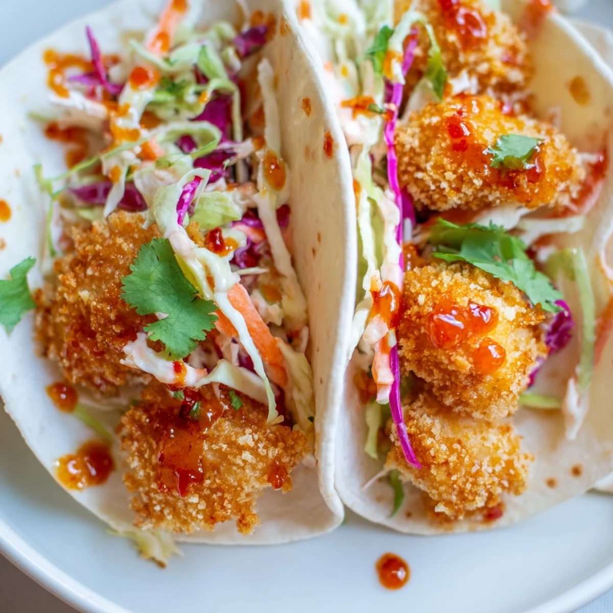 A close-up of fully loaded Hot Honey Chicken Tacos, featuring crispy chicken and vibrant slaw.