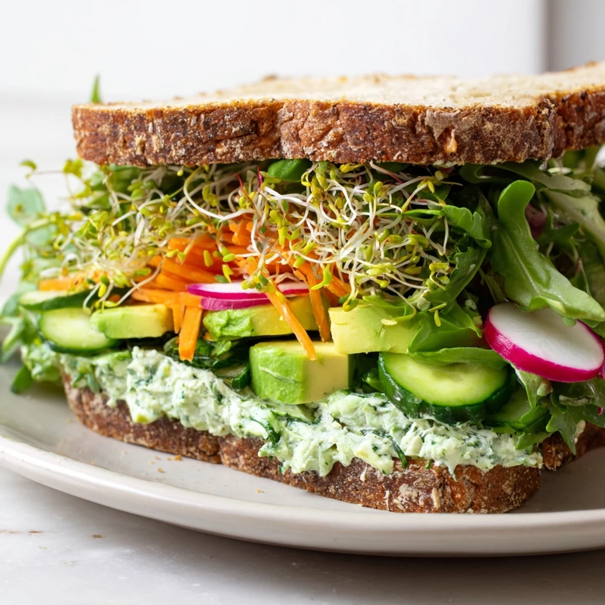 Close-up of a loaded Green Goddess sandwich, creamy spread visible with fresh veggie layers.