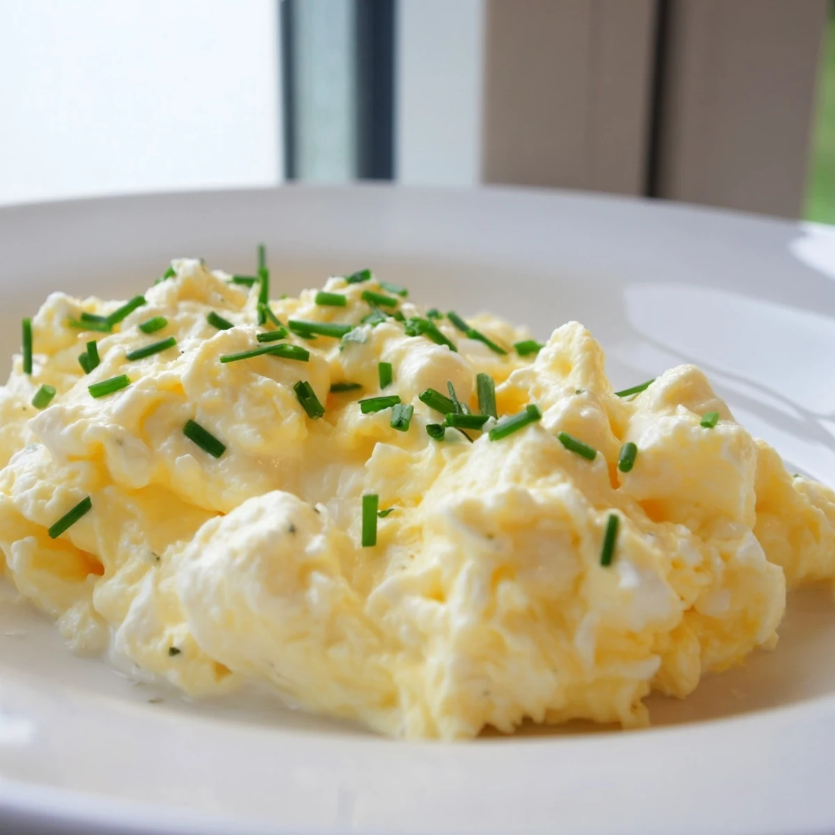 Beautifully yellow Cottage Cheese Scrambled Eggs garnished with fresh herbs, a protein-packed and flavorful morning meal.