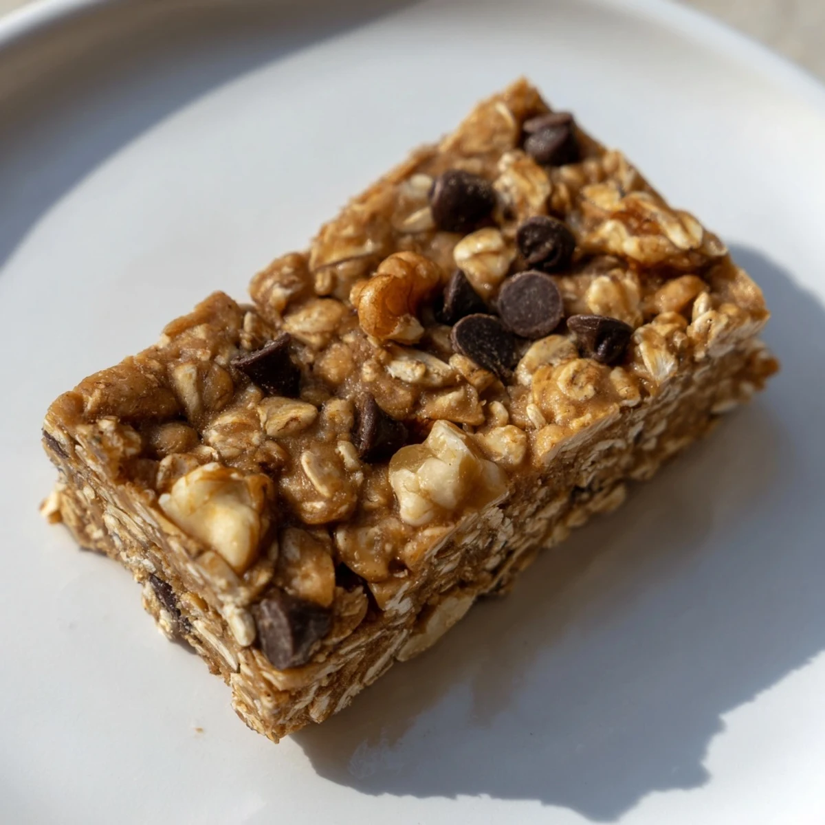 Homemade Peanut Butter Banana Oat Bars, showing a cut bar revealing a dense texture with chocolate chips.