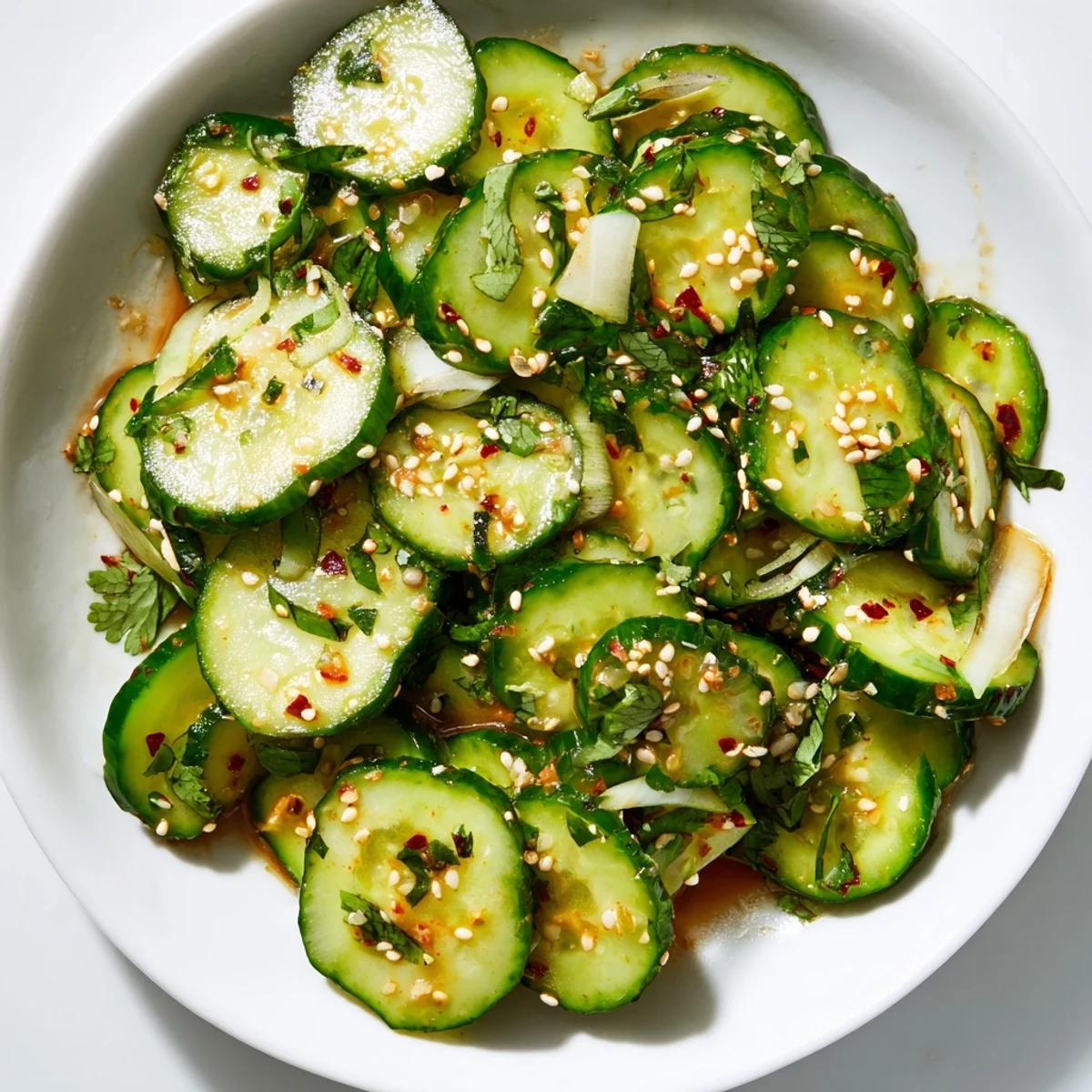 Close-up of a refreshing Zesty Shake Cucumber Salad, chilled and garnished with sesame seeds and cilantro.