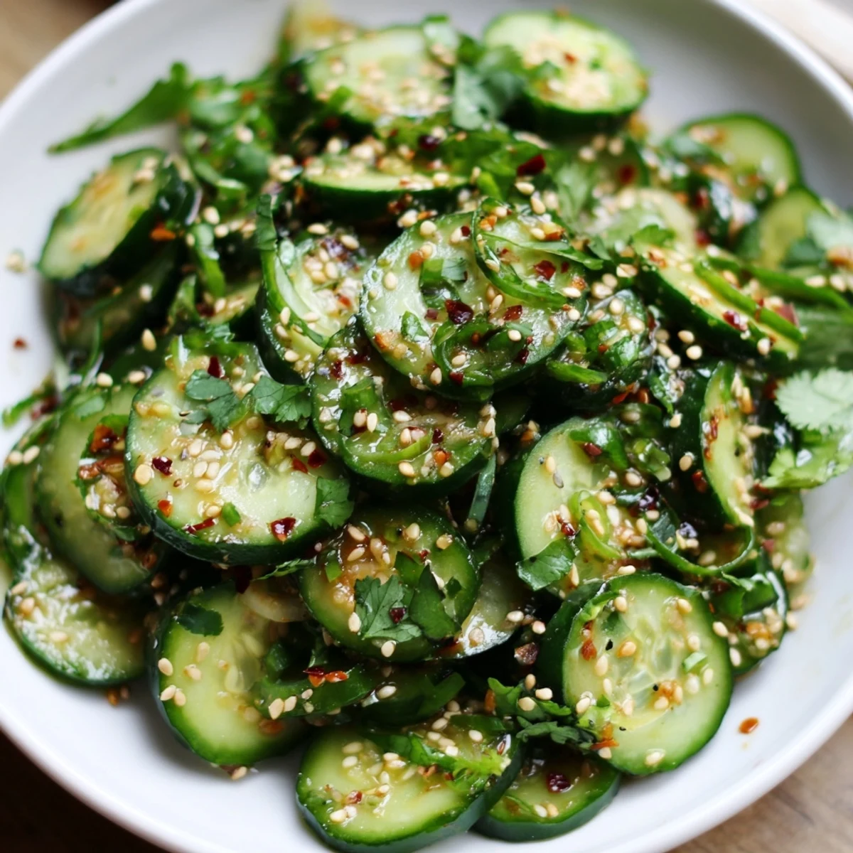 A bowl piled high: this Zesty Shake Cucumber Salad is ready—tangy and crunchy, a perfect light side dish.