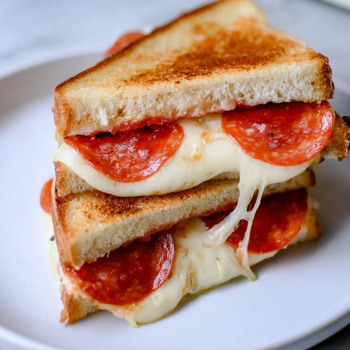 Golden, cheesy Pizza Grilled Cheese sandwich, oozing melted mozzarella and pepperoni slices, served hot.