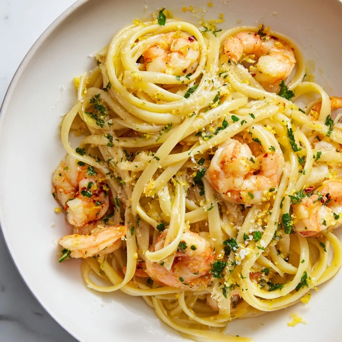 Golden, perfectly cooked shrimp and pasta in a vibrant Lemon Herb Pasta dish, ready to enjoy.