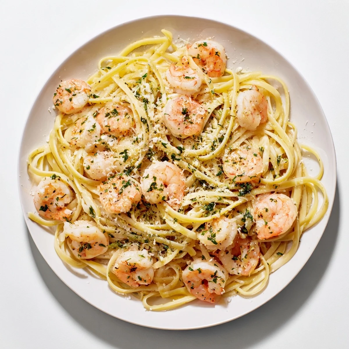 Close-up of a colorful bowl of Lemon Herb Pasta, showcasing fresh shrimp and bright lemon slices.