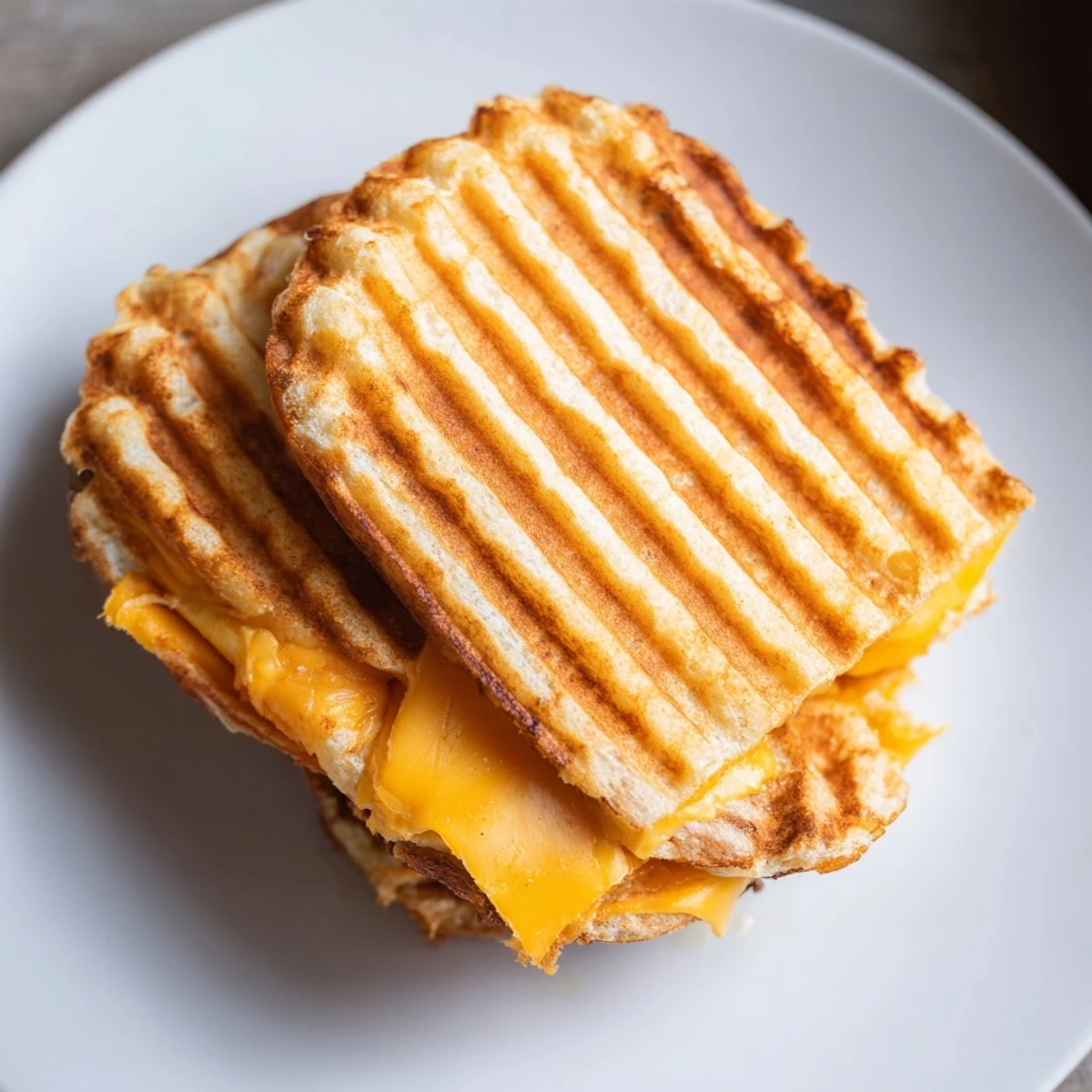 Golden, bubbly Waffle Grilled Cheese, savory cheese oozing from crispy, waffle-iron-marked bread.