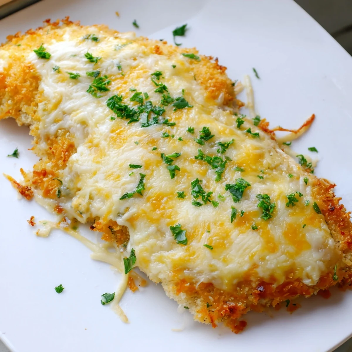 Golden, bubbly Cheesy Baked Chicken Breast with melted cheese, perfect for a cozy weeknight dinner.