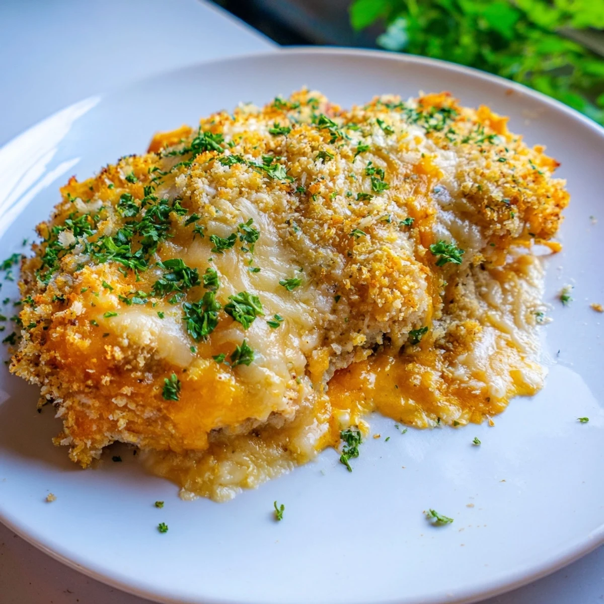 Satisfying and easy, this Cheesy Baked Chicken Breast is topped with golden breadcrumbs and bubbling cheese.