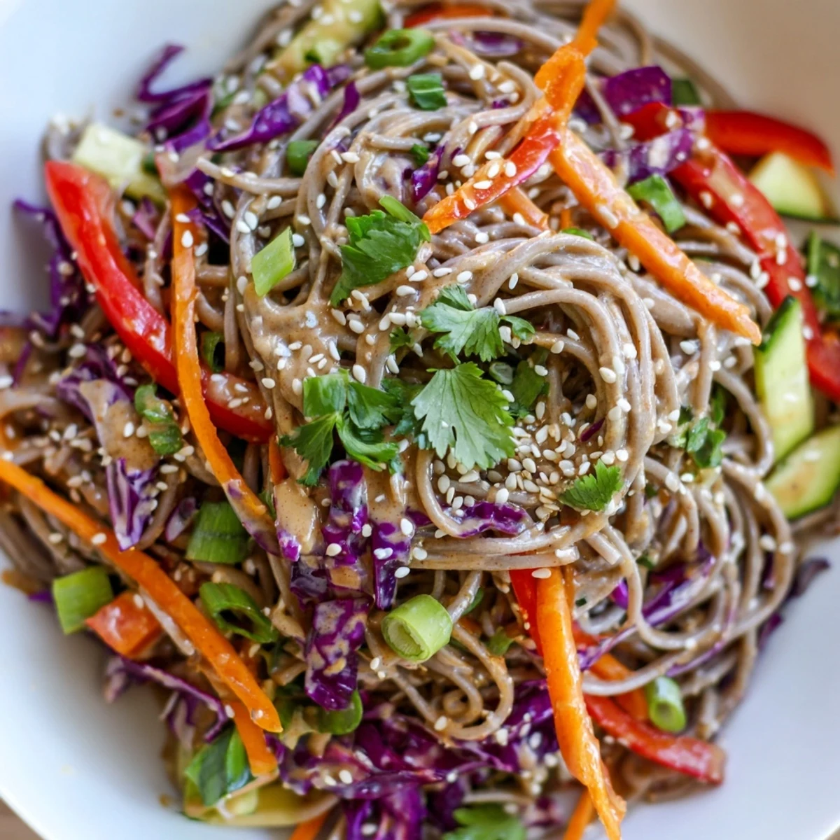 A refreshing bowl of chilled soba noodle salad, showcasing vibrant vegetables and a nutty sesame dressing.