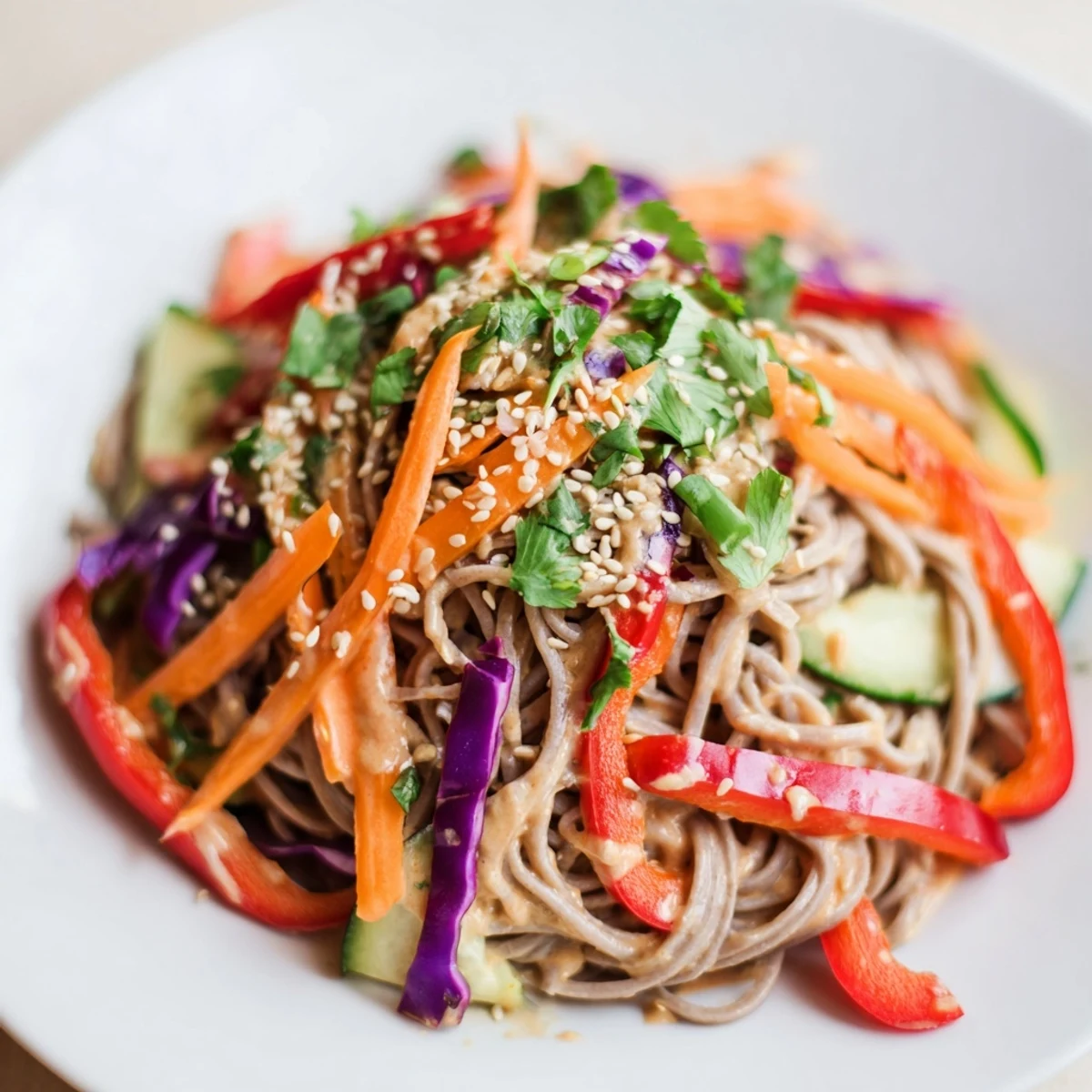 Vibrant soba noodle salad tossed with colorful veggies, sesame dressing, and fresh cilantro, ready to eat.