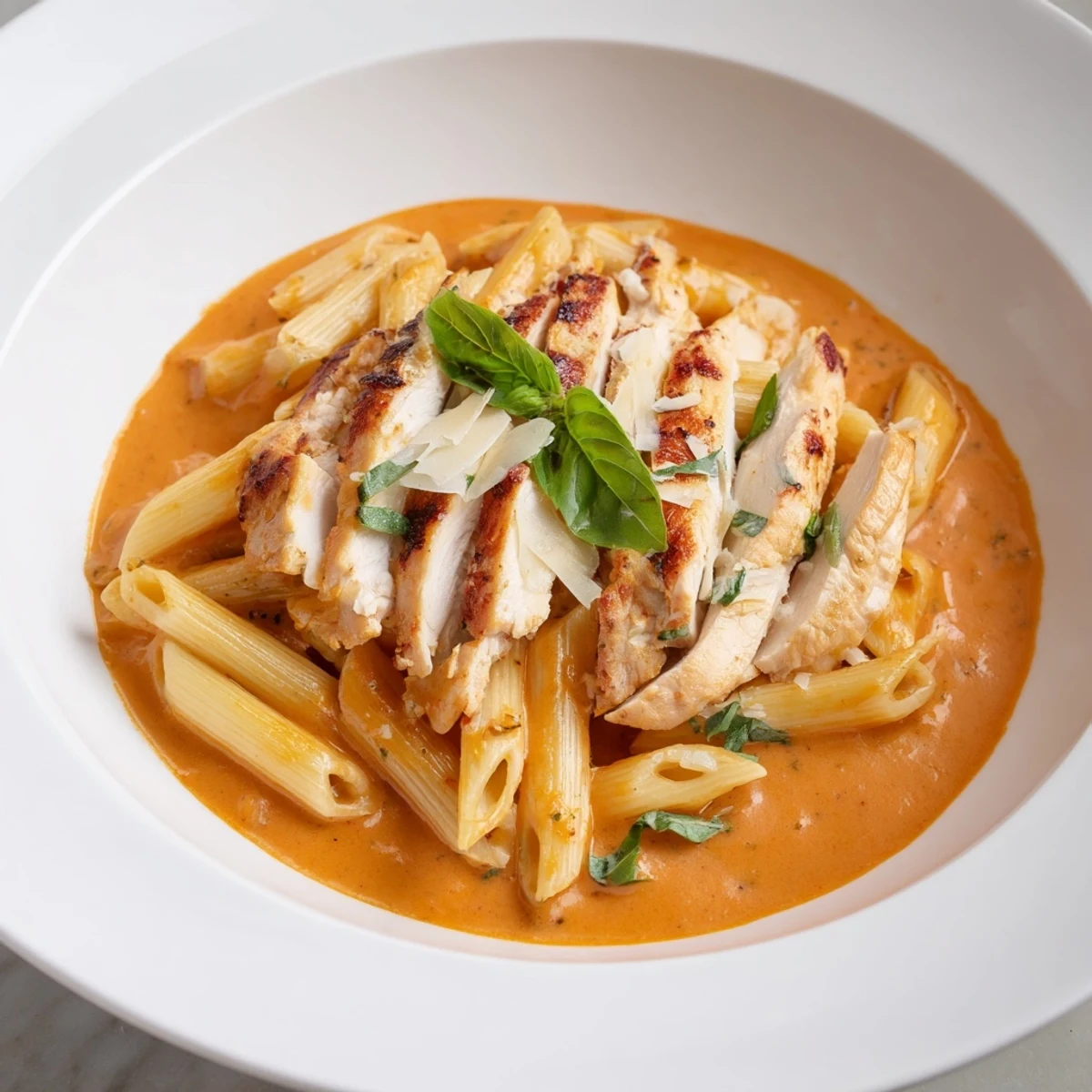 Creamy Tomato Basil Chicken Pasta with fresh basil garnish, a vibrant and comforting dinner option.