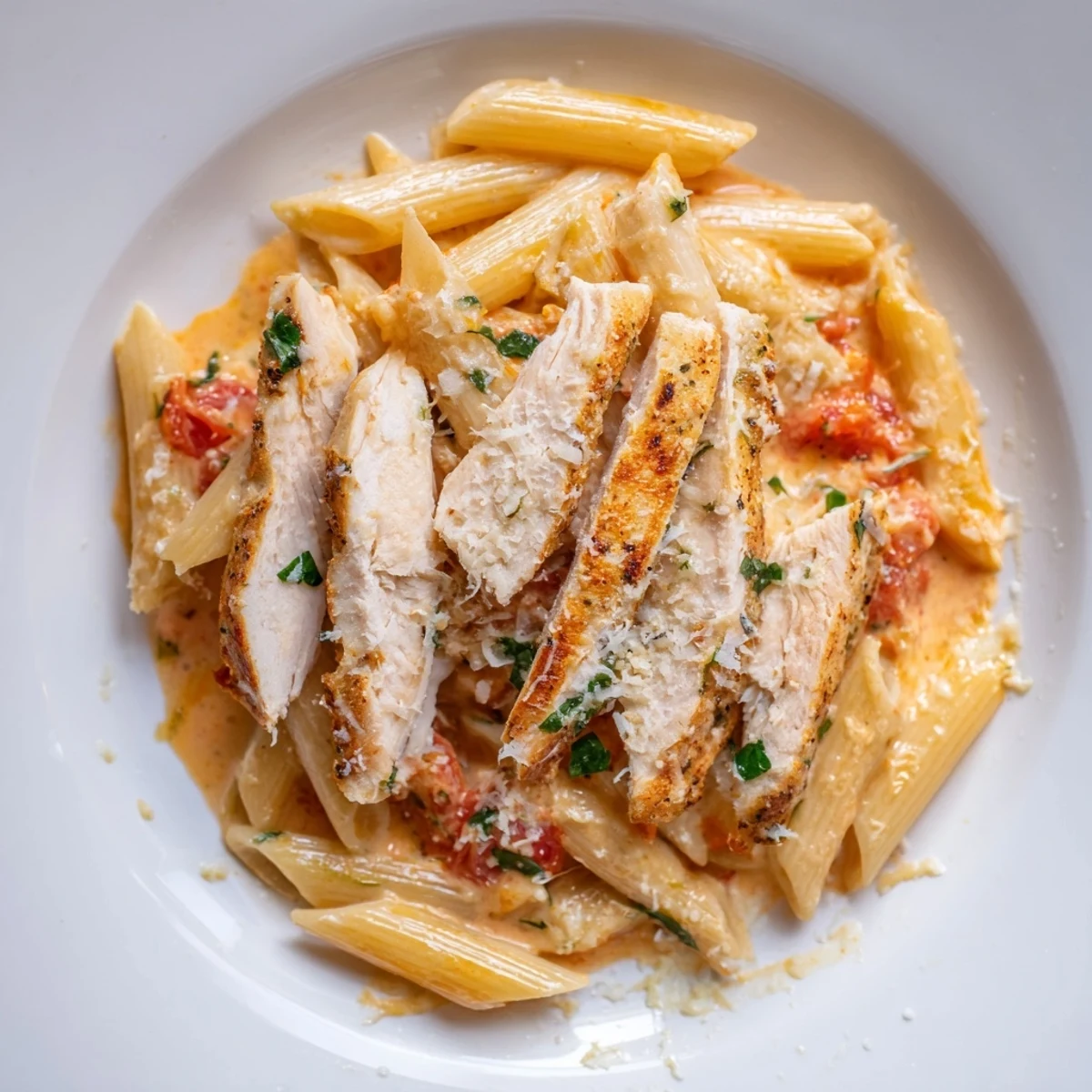 Close-up of the flavorful Creamy Tomato Basil Chicken Pasta, ready for a delicious, Italian-inspired meal.