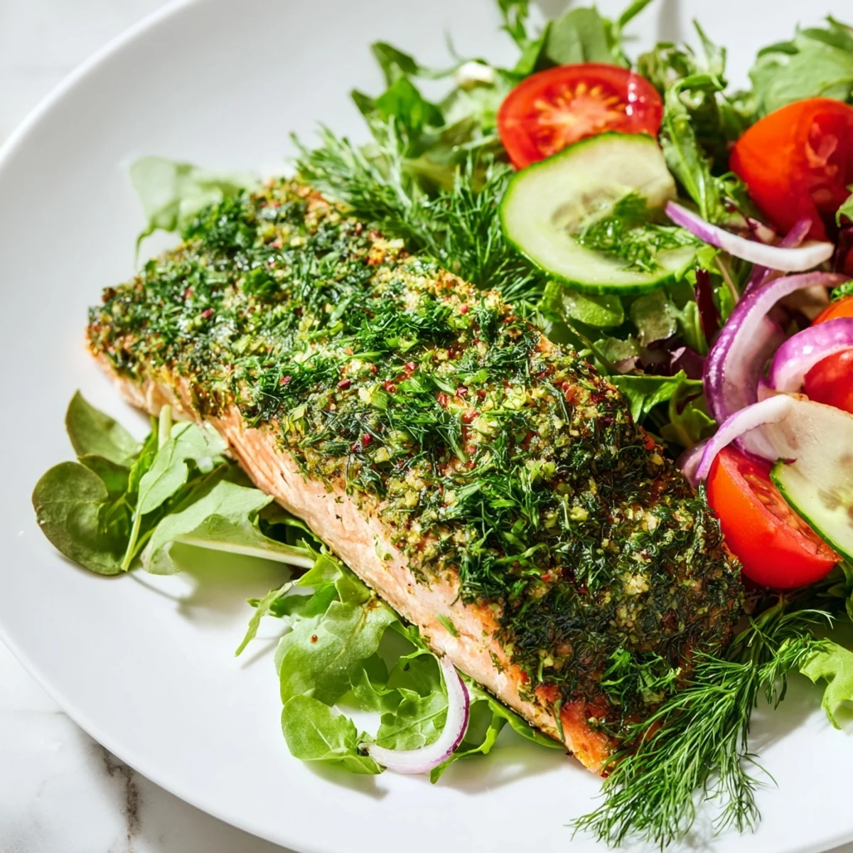 A close-up of Herb-Crusted Salmon Salad, appearing flaky and moist next to vibrant salad.