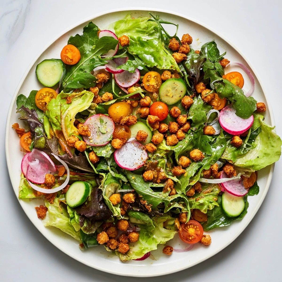 Mixed Greens Salad with crispy chickpea croutons: a colorful salad with crunchy golden chickpeas.